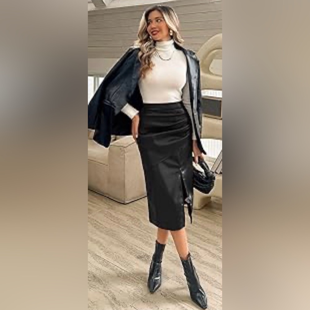 🌾‎ Kate Kasin Black Faux Leather Pencil Skirt